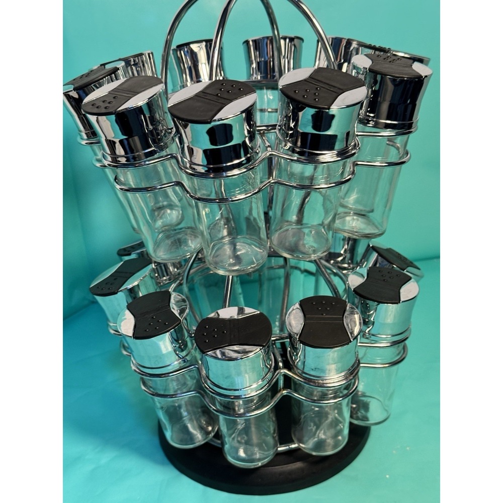 20 Jar Revolving Spice Rack Set Silver Black Glass Carousel Organizer with Lids - Picture 3 of 14